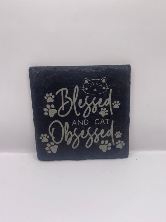 Blessed & Cat Obsessed Slate Coaster